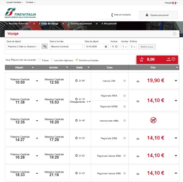 Page de résultat Trenitalia